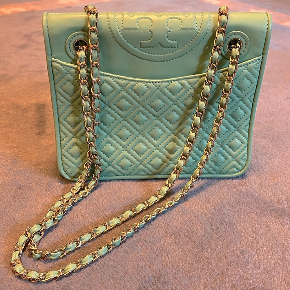 Tory Burch Mint Green Leather Shoulder+Crossbody Chain Handbag